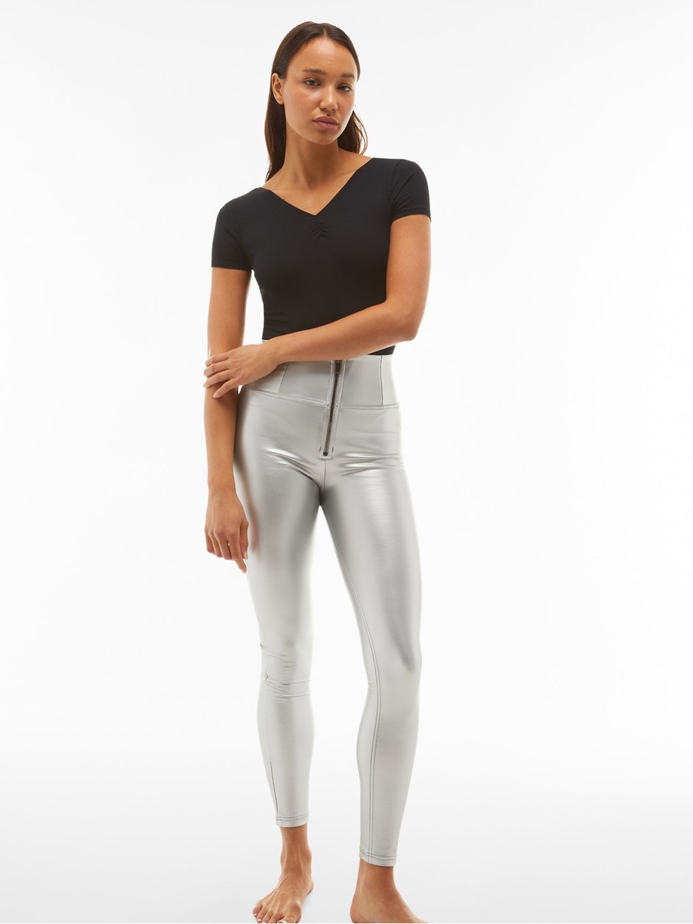 FREDDY WR.UP Metallic Silver Faux Leather Super High Waist Leggings Pants Small